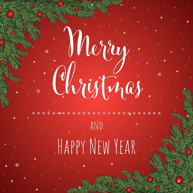 Christmas and New Year red background greeting card with lettering Vector illustration