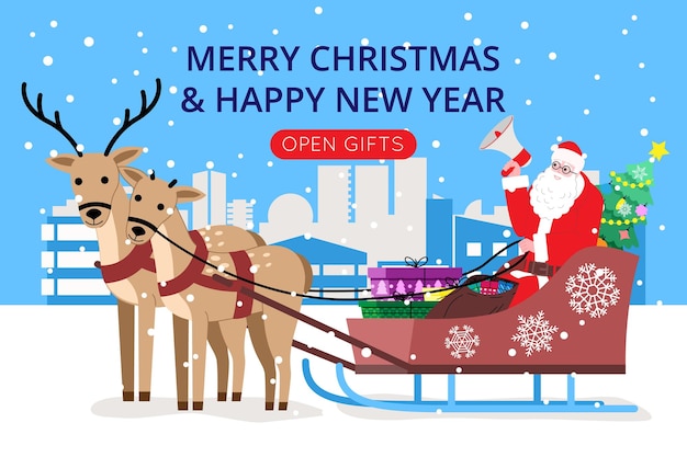 Christmas and New Year. Santa Claus calls to receive gifts while sitting on a sleigh with harnessed reindeer. Illustration for landing page or website of an online store. Cute flat vector.