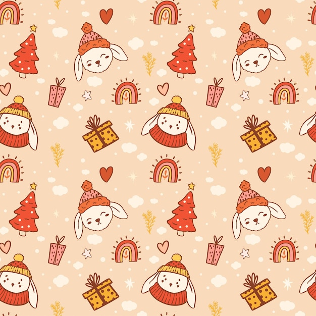 Christmas New Year seamless pattern on pink background with cute rabbits