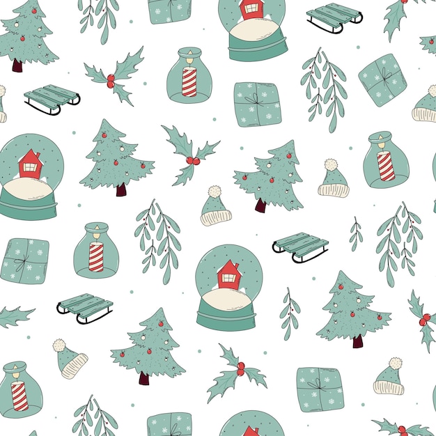 Christmas and new year seamless pattern with doodles for gift wrap, prints, wallpaper