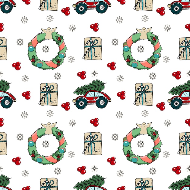 Christmas and New Year seamless pattern with hand drawn winter doodles.