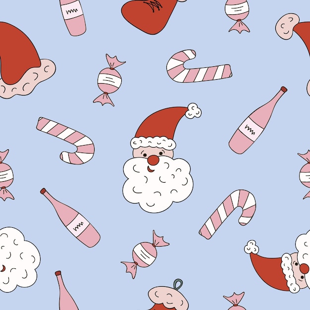 Christmas and New year seamless pattern with Santa Claus face close up candy cane bottle of champagne Hand drawn vector illustrations on blue background For wrapping paper textile notebook