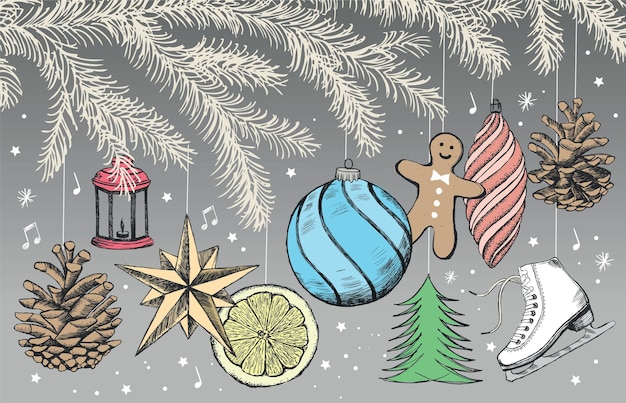 Christmas and New Year set. Hand drawn illustration.