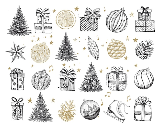 Christmas and New Year set tree toys Hand drawn illustration