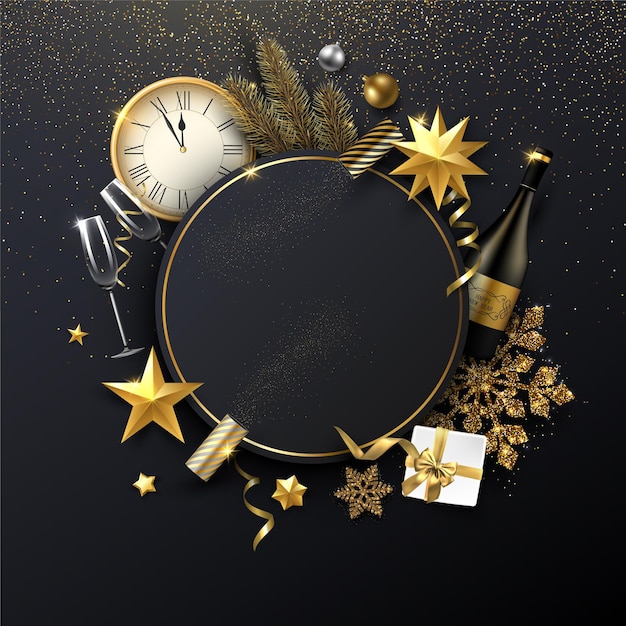 Christmas and New Year shiny  template with round frame golden Christmas decorations gift Champagne and clock