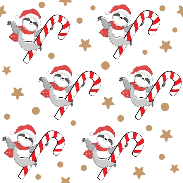 Christmas and New Year sloths seamless pattern. Vector cartoon illustration