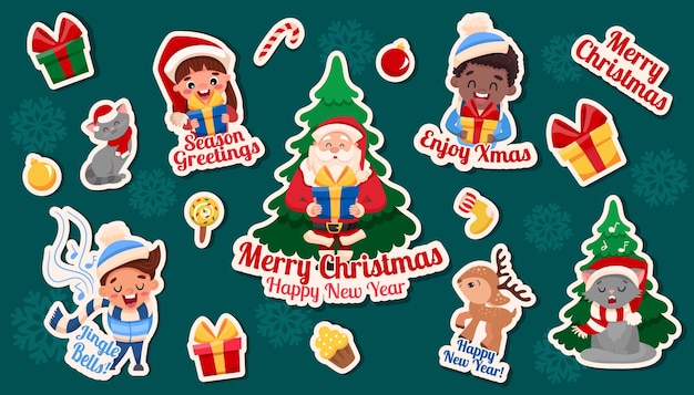 Christmas and New Year sticker set. Vintage elements and Cartoon characters Isolated