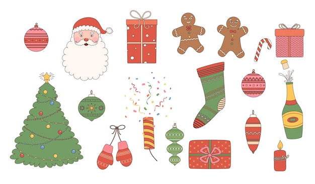 Christmas and New Year stickers in cartoon retro style. Santa's head, gingerbread, garlands and gift