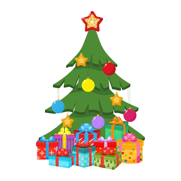 Christmas or New Year tree decorated with ball stars with presents Isolated design of Christmas tree