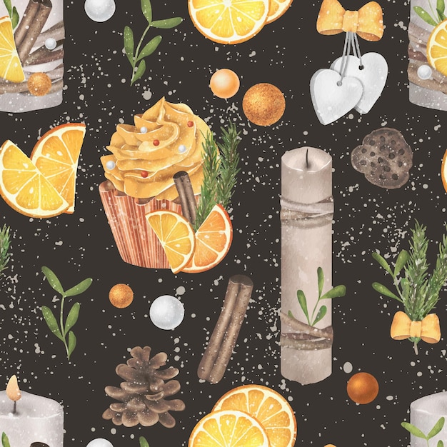 christmas and new year vector seamless pattern with cupcakes candles and oranges