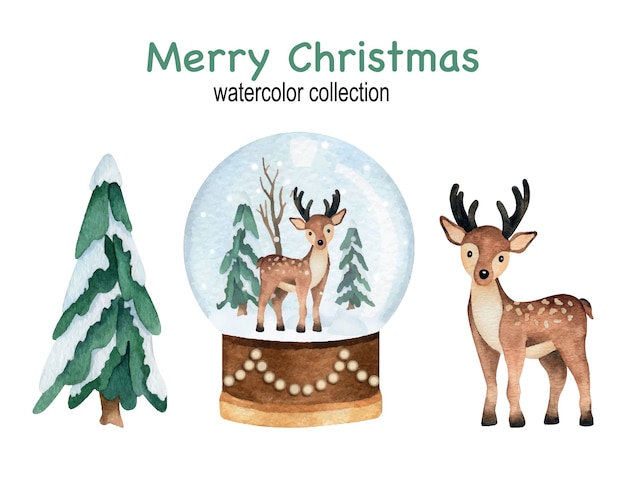 Christmas and New Year watercolor set with pine trees, snowball globe and deer