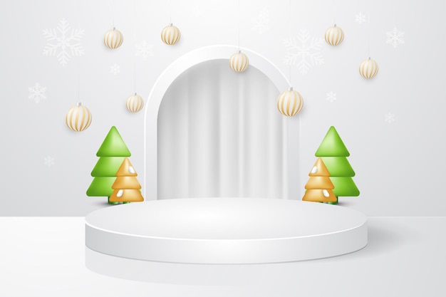 Christmas and New Year white podium with christmas tree decoration background