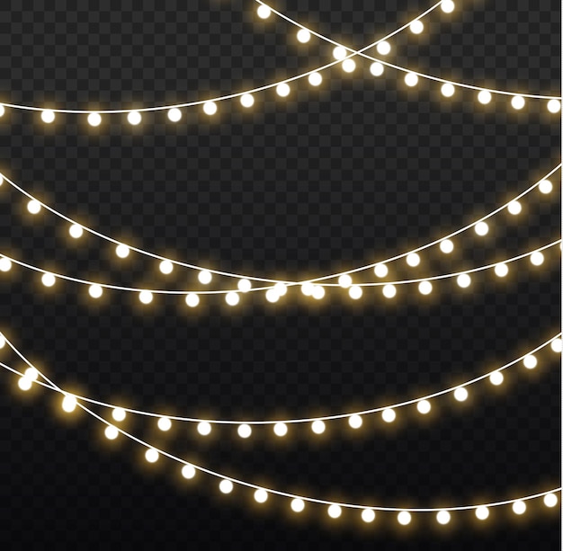 Christmas New Year yellow garlands Led neon lamp Glowing golden light bulbs on wire strings Vector