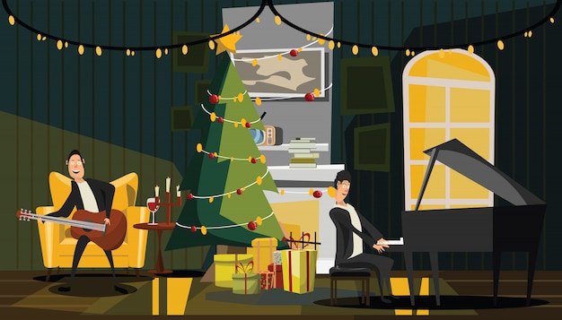 Christmas and New Years in living room vector illustration 