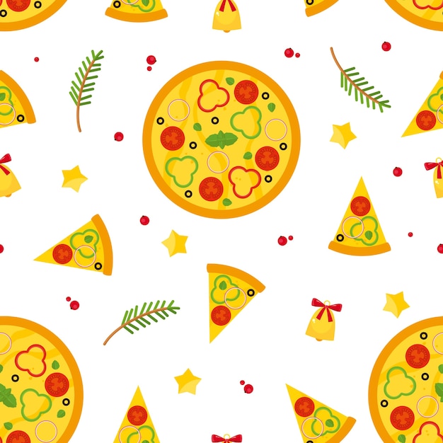 Christmas and New Years seamless pattern with pizza, slices of pizza and ingredients.