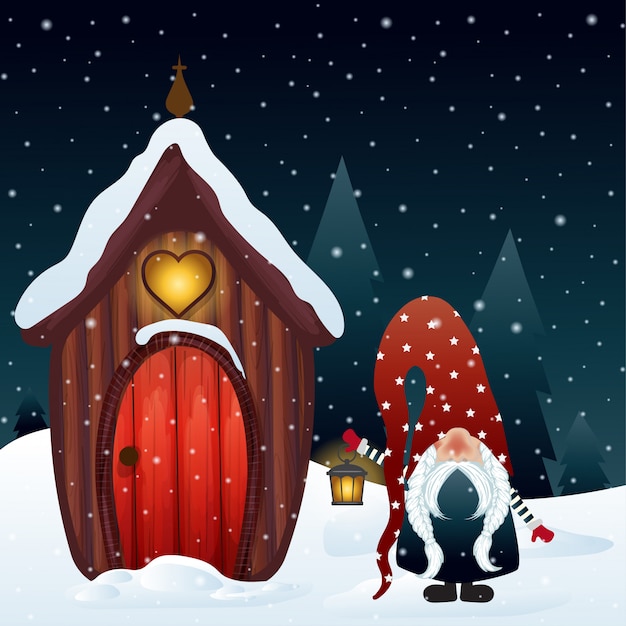 Vector christmas night scene with gnome and his magical house