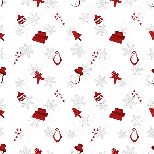 Christmas object silhouette repeat pattern in red color on flat white color background Christmas object seamless pattern