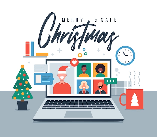 Christmas online greeting. people meeting online together with family or friends video calling on laptop virtual discussion. Merry and Safe Christmas office desk workplace