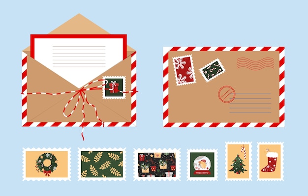 Christmas open envelope with a letter. New Year postage stamps . 