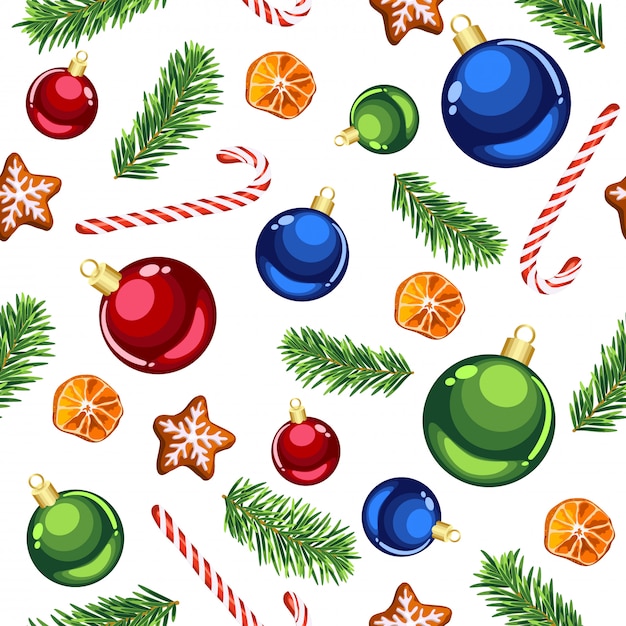 Christmas ornaments and candy canes seamless pattern