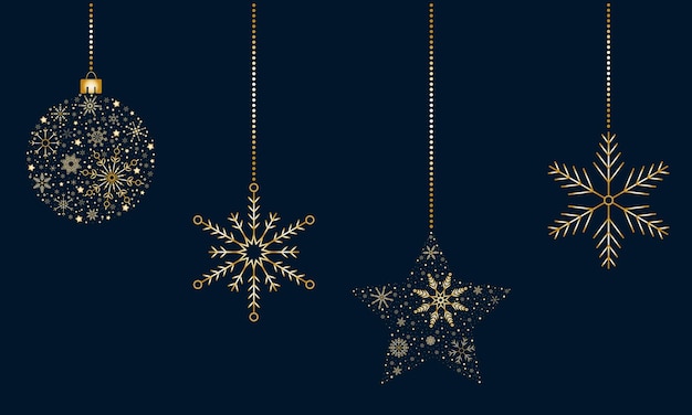 Christmas ornaments of gold color from snowflakes on a blue background