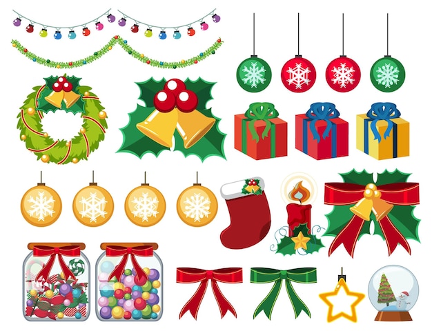 Christmas ornaments set on white background