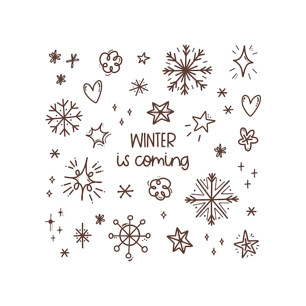 Christmas outline doodle set Hand drawn new year collection snowflakes stars hearts lettering