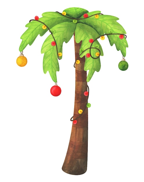 Christmas palm tree A Christmas tree decorated Watercolor illustration of a festive plant