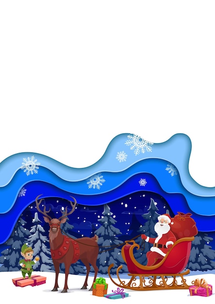 Christmas paper cut banner cartoon santa on sleigh