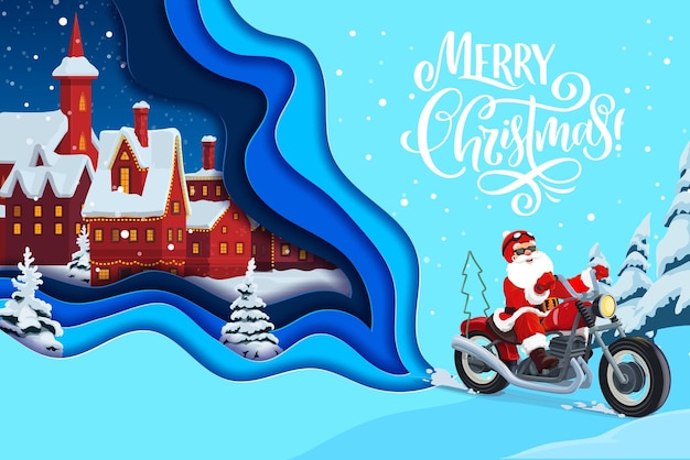 Christmas paper cut cartoon Santa on bike in town