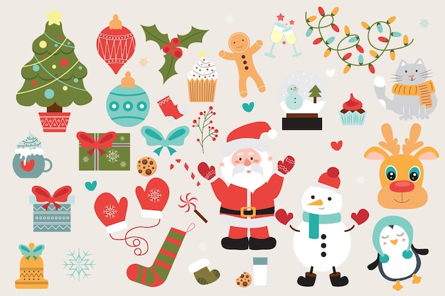 Christmas party cute set in flat cartoon design Vector illustration