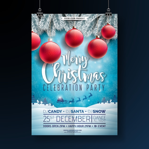 Vector christmas party flyer design with typography and holiday elements 