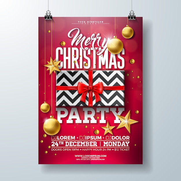 Christmas Party Flyer Illustration with Gift Box, Gold Star, Glass Ball 