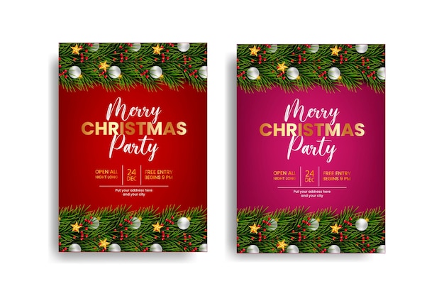 christmas party flyer or poster design template decoration with pine branch and christmas ball