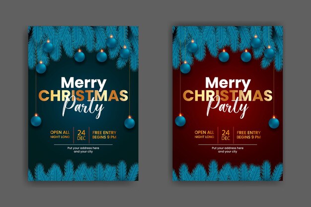 christmas party flyer or poster design template decoration with pine branch and christmas ball