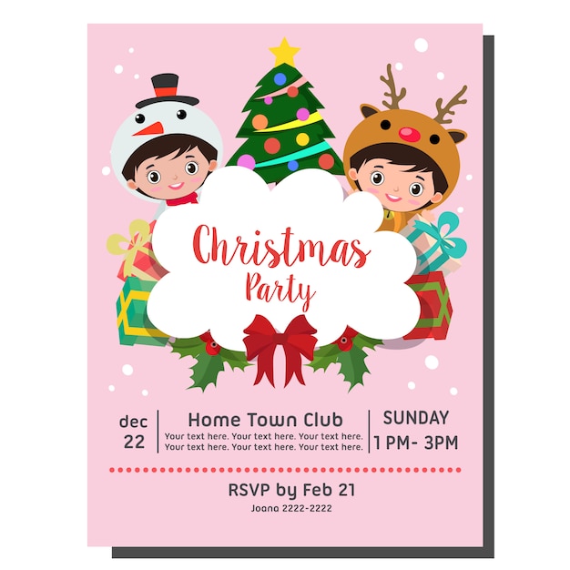 Christmas party invitation card kids costume reindeer and snowman