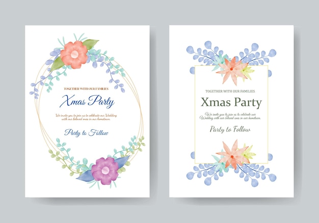 Christmas party invitation card template with watercolor christmas leaves