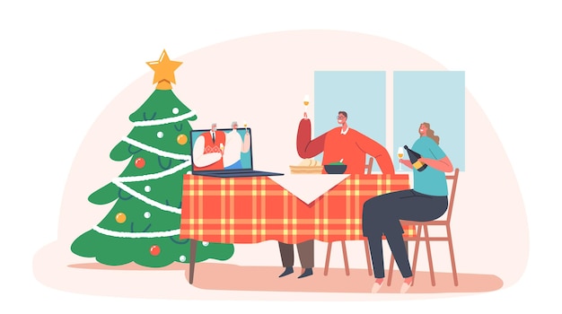 Christmas Party Online, Family Celebrate Xmas Remotely. Distant Holiday Celebration, Xmas or New Year during Lockdown Coronavirus Quarantine, People Social Distancing. Cartoon Vector Illustration