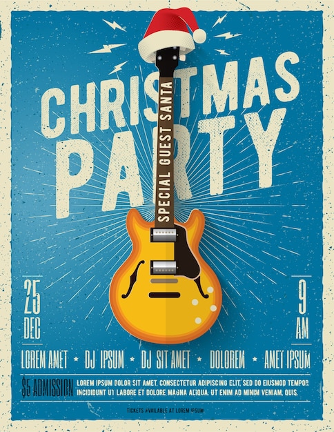 Christmas party poster or flyer template with electric guitar with red santa hat on blue background.