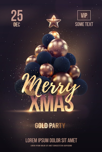 Vector christmas party poster template with golden christmas tree.