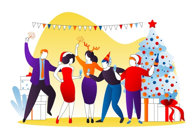 Vector christmas party vector illustration happy cartoon people man woman character at holiday corporate