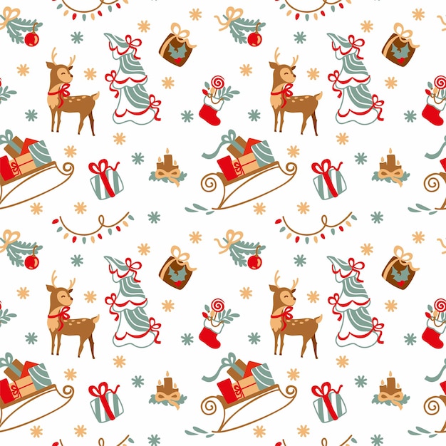 Christmas pattern deer christmas tree sleigh gifts candles christmas lights vector