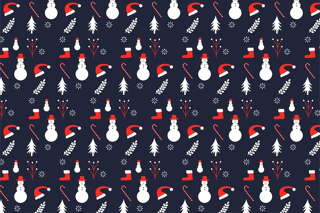 Christmas pattern design with dark background and snowmen Christmas decoration pattern for wallpaper and book covers Seamless pattern vector with candy canes leaves Santa hats and snowflakes