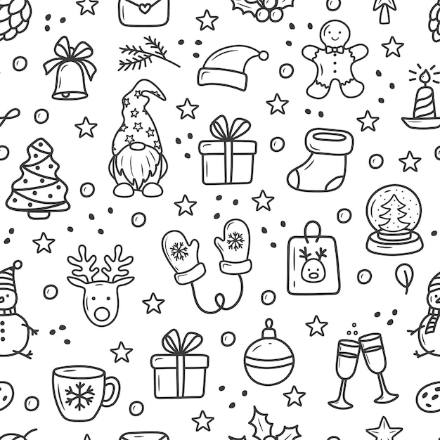 Christmas pattern in doodle style cartoon on a white background