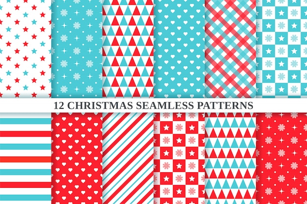 Christmas pattern. . Holiday seamless texture. Xmas, new year geometric background. Set festive textile print with star, snowflake, triangle, polka dot, heart, checkered. Red green illustration