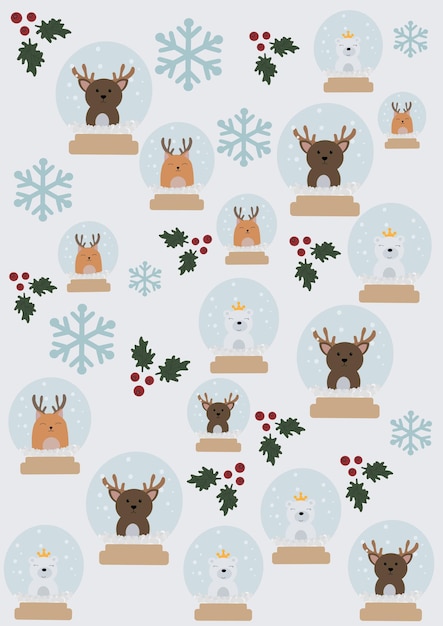 Christmas pattern,poster.Snowflakes,mistletoe.Snow balls, globe with a deer,a bear,a cat in a deer