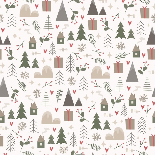 Christmas pattern in scandinavian style with houses mountains and christmas tree