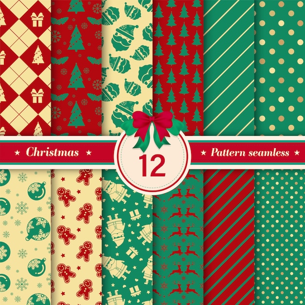 Christmas pattern seamless collection with red and green colors.