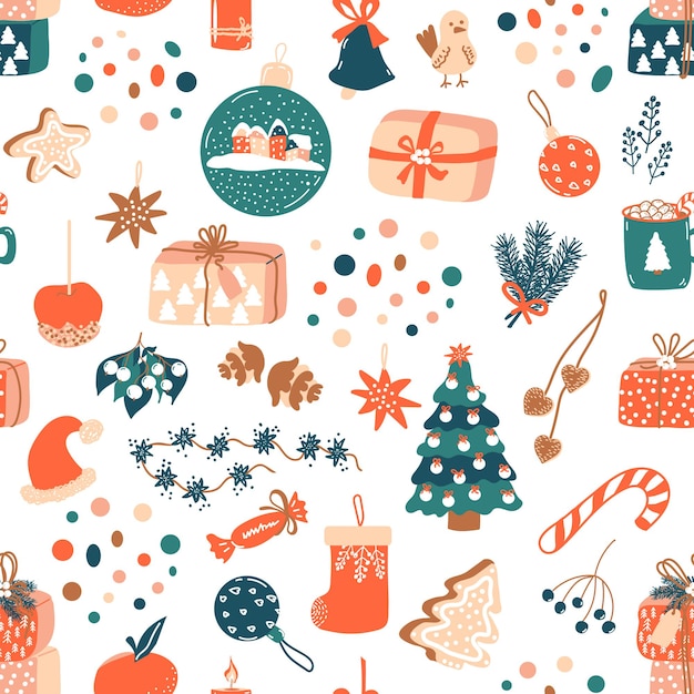 Christmas pattern. Vector background with spruce, garland, gingerbread,  candy and dots.