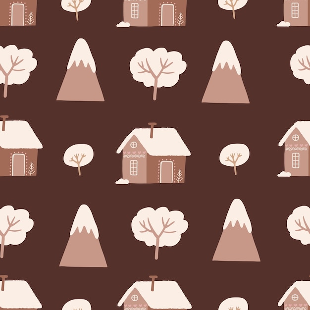 Christmas pattern with boho tree mountain house